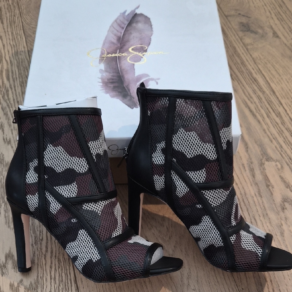 Jessica Simpson Black & White Mesh Peep-Toe Stiletto Booties